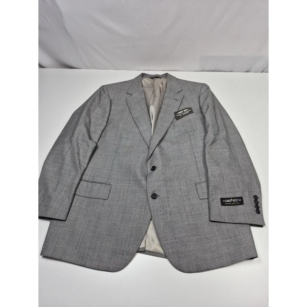 VTG Sansabelt Suit Mens 48 Gray Poly Wool Plaid Tweed 2 Piece 44x36 USA NWT